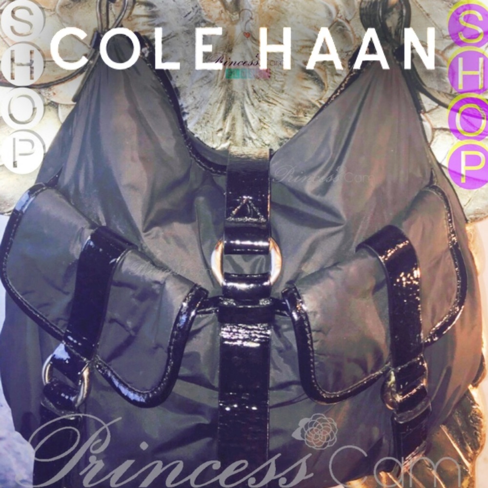 Cole Haan Black Nylon Patent Leather Trim Hobo